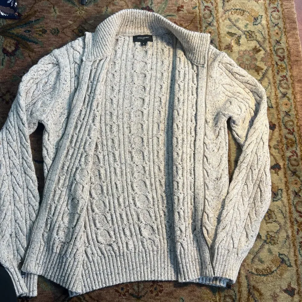 Banana Republic Wool Cable Knit Beige Speckled Zip Cardigan Men Small Fisherman